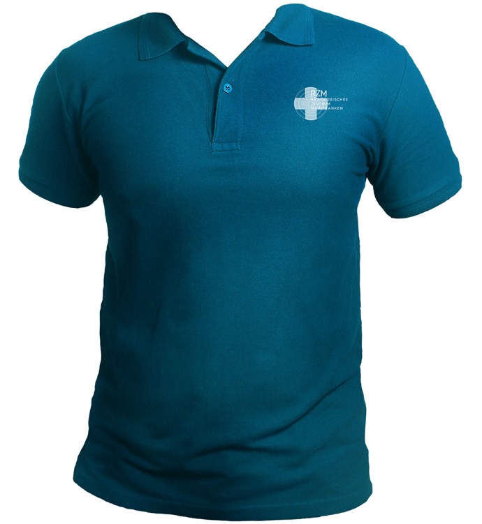 blue polo shirt with rzm logo on the left breast