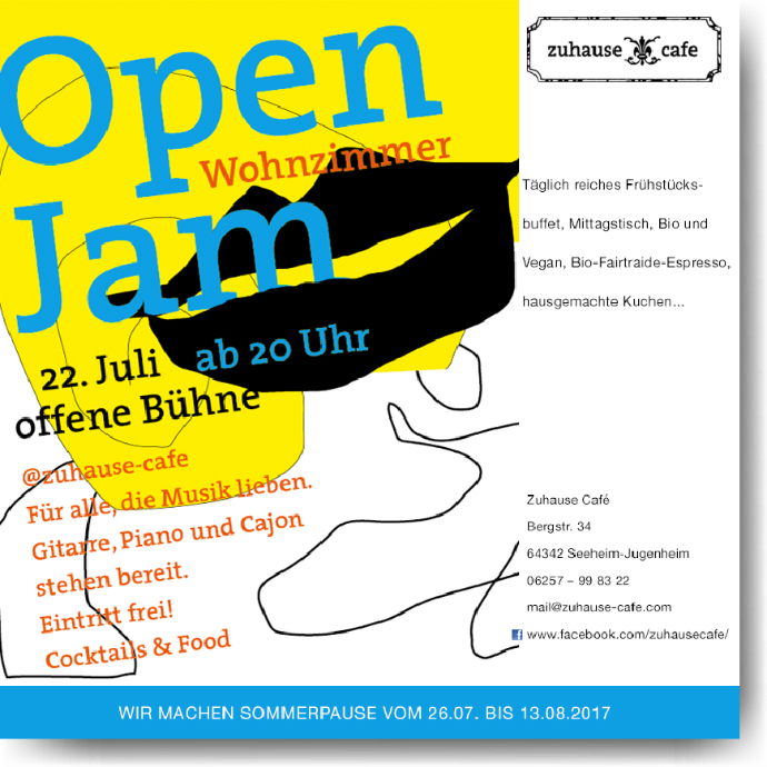zuhause cafe open jam flyer, yellow background with black lips and turquoise lettering 