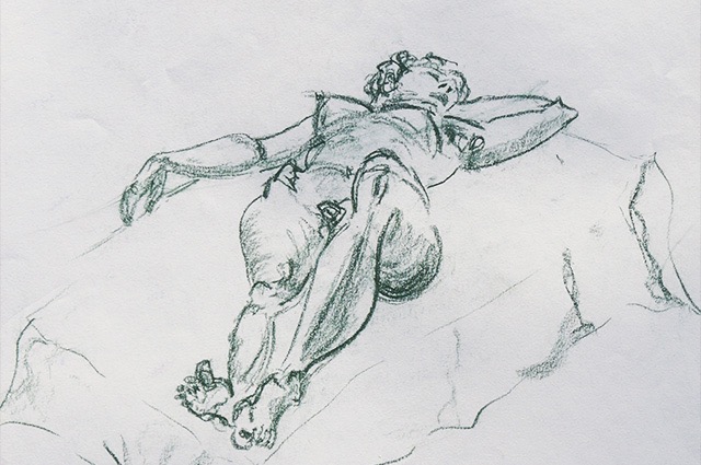 drawing of a nude woman lying on her back 