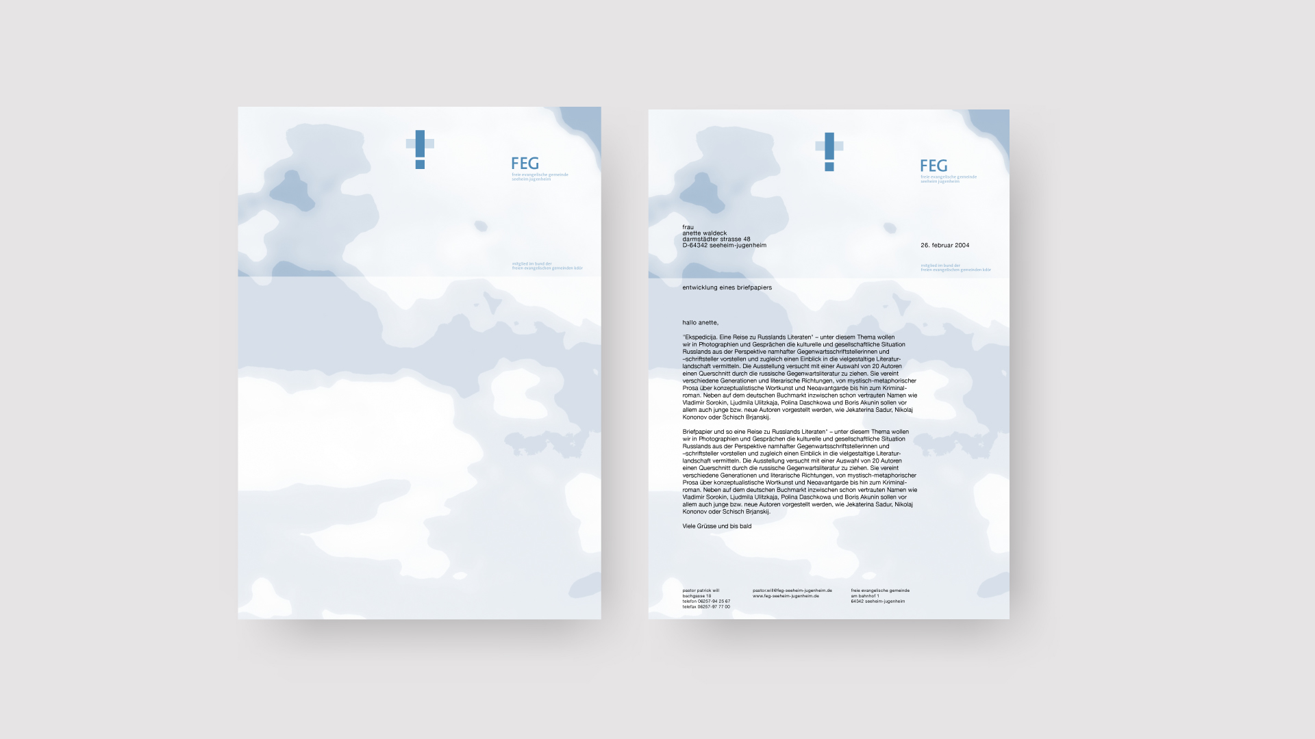 letterhead for feg, blue tinted clouds and a blue cross made out of an exclamation mark 