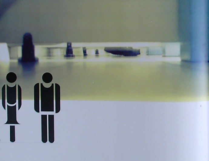 floor on a restroom with a view into the individual toilet cabins. in the background a person is on the toilet, in the foreground you can see male and female loo icons