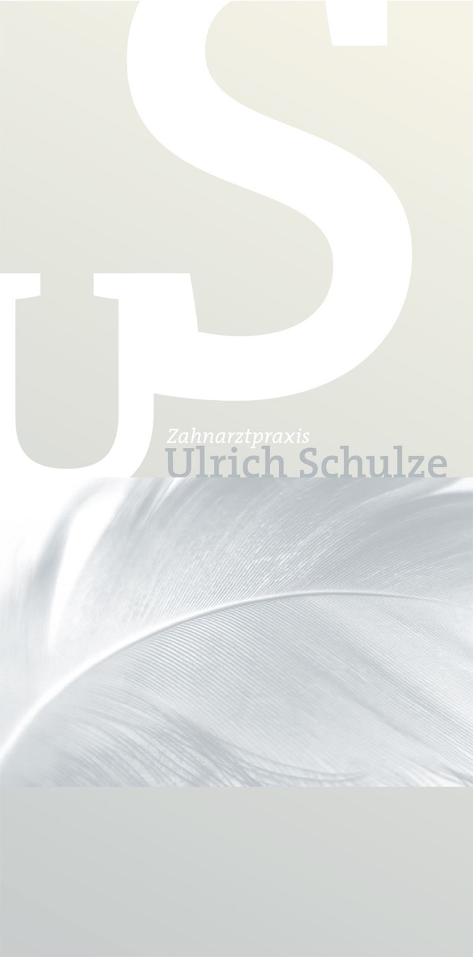 vertical signage for ulrich schulze dental practice, white color on beige background and white feather underneath
