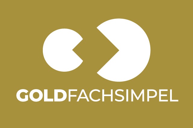 goldfachsimpel logo which looks line two pac-man logos in white color on a golden background