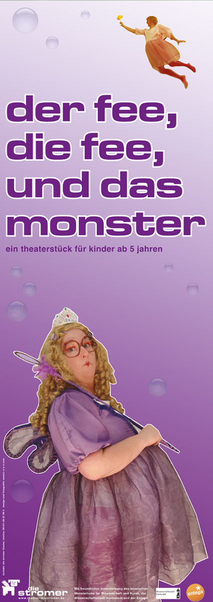 obese female fairy in purple silk dress and way too big glasses and diadem in front of purple background, while top right a male fairy flies through the picture