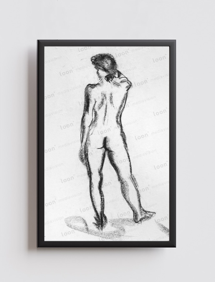 standing woman from behind drawn in dark charcoal on white canvas in contrapposto