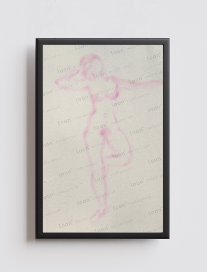 painting of a nude dancing woman in pink color on white canvas 