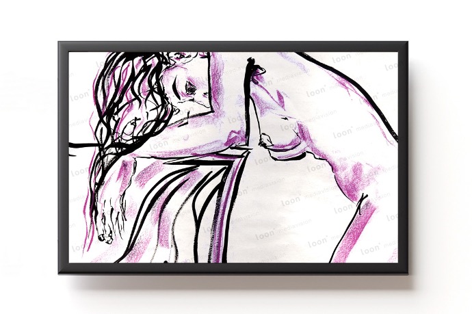 woman bent over, drawn with ink and purple crayon 